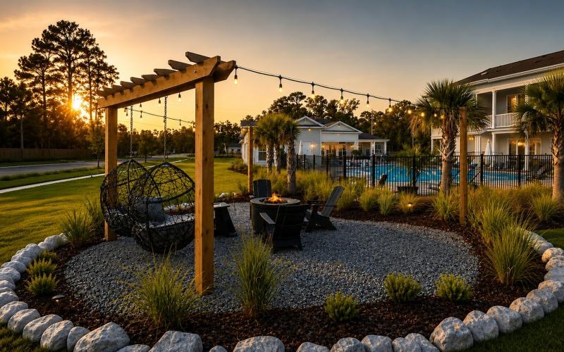 a backyard with a table chairs and firepit