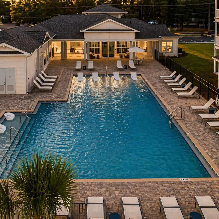 a swimming pool surrounded by lounge chairs