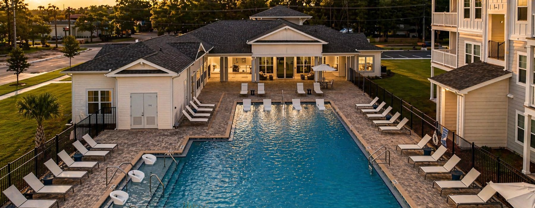 a swimming pool surrounded by buildings